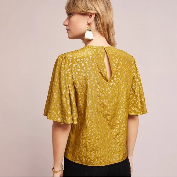 ST. Roche Mustard Floral Hope Metallic Silk Top SZ L - Picture 4 of 6